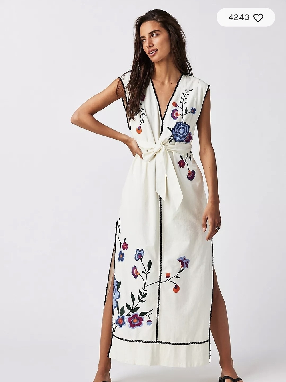 Free People Bo Dress. Ivory Embroidered Floral Tie-Waist Maxi